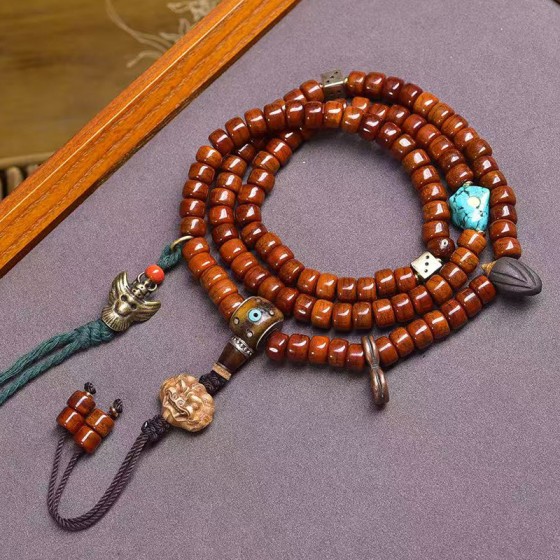 Tibetan reflux bone barrel beads 108 pieces of Wenwan Buddhist beads neck hanging cow bone three-way turquoise Niangla chacha