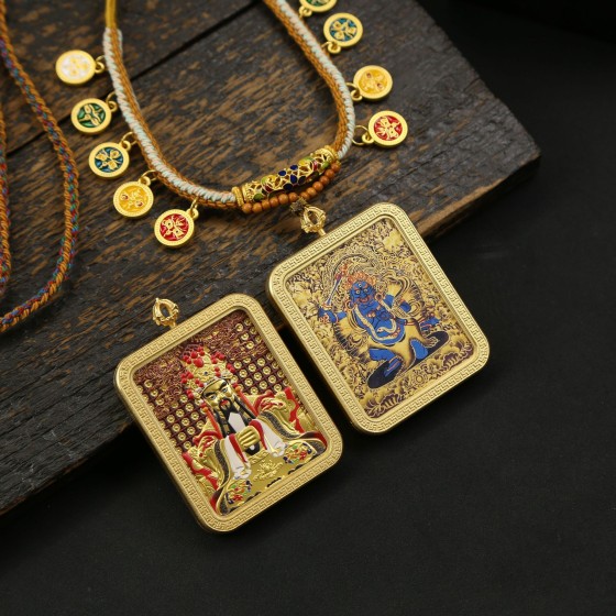 Brass eight guardian gods three-dimensional thangka portrait painted outline necklace