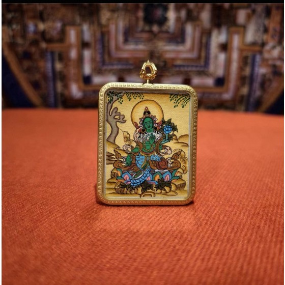 Tibetan Thangka Hand-painted Green/White Tara Pendant Amulet